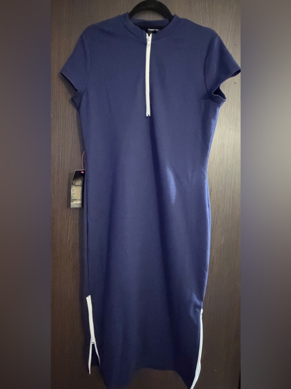 bebe Navy Blue Midi Dress with White Zippers